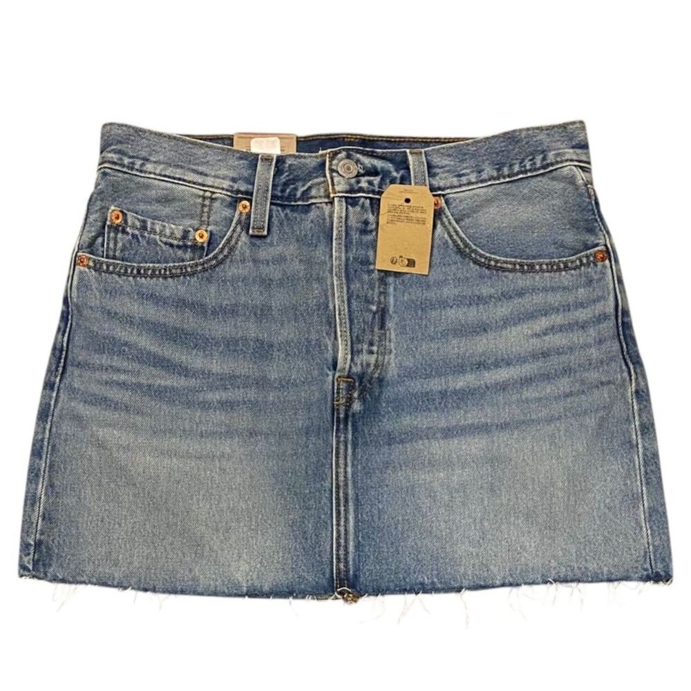 LEVI Icon Jean Skirt Button Fly Mid Rise Raw Hem Mini Sz 27 NWT